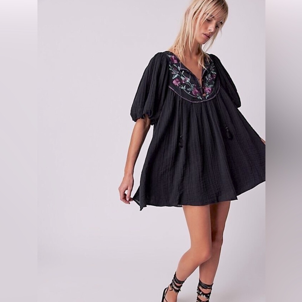 Free People Rosa Linda Embroidered Mini Dress Black XS ❤️
